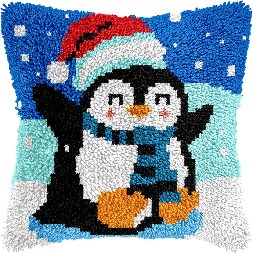 Diy Latch Hook Kits For Adults Penguin Latch Hook Cushion Cover Kit, Diy Carpet Cushion Crocheting Pillowcase For Home 17X17In