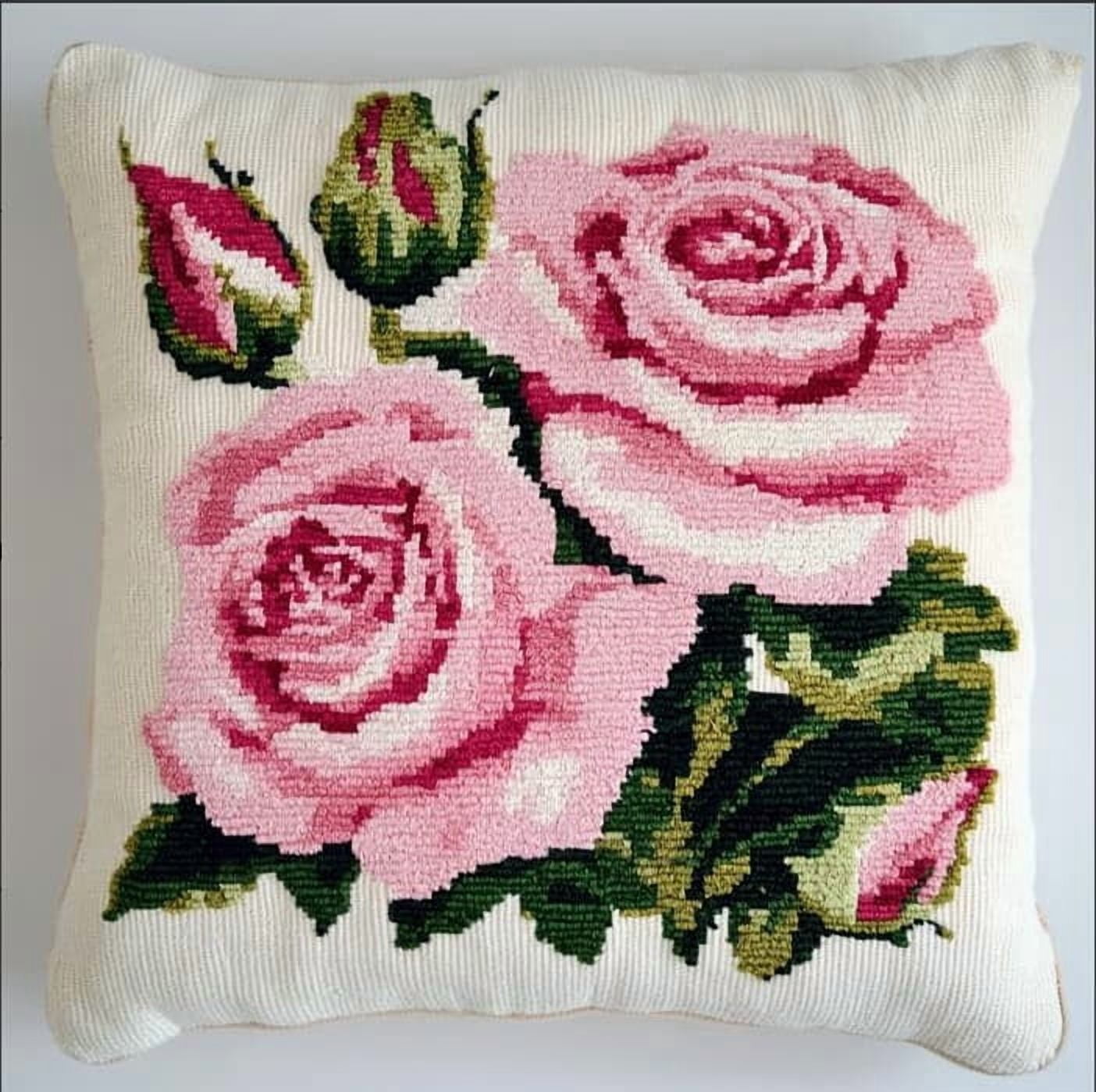 Diy Latch Hook Kits For Adults Rose Latch Hook Cushion Cover Kit, Diy Carpet Cushion Crocheting Pillowcase For Home 17X17In