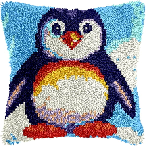 Diy Latch Hook Pillow Kit For Adults Penguin 43X43Cm Throw Pillow Cover With Printed Canvas Crochet Yarn Needle Craft Easy Handmade Cushion For Home Sofa Decoration