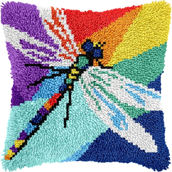 Diy Latch Hook Pillow Kitscute Dragonfly 17X17Inch Patterns Pre-Printed Canvas Pillow Making Set, Beginner Cushion Cover Latch Hook Kit, Creative Craft For Family Fun Home Decor