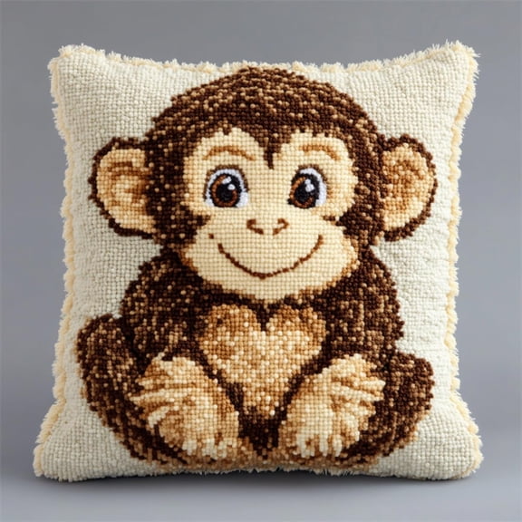 Diy Latch Hook Pillow Kitscute Monkeys And Hearts 17X17Inch Patterns Pre-Printed Canvas Pillow Making Set, Beginner Cushion Cover Latch Hook Kit, Creative Craft For Family Fun Home Decor