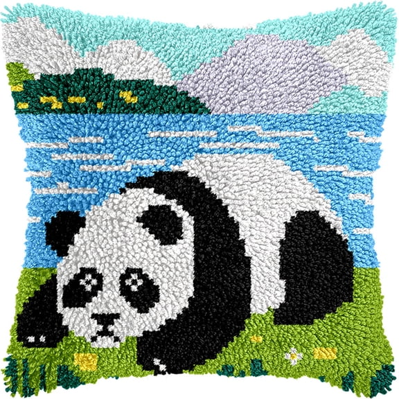 Diy Latch Hook Pillow Kitspanda Lying On The Edge 17X17Inch Patterns Pre-Printed Canvas Pillow Making Set, Beginner Cushion Cover Latch Hook Kit, Creative Craft For Family Fun Home Decor