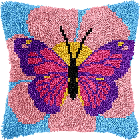 Diy Latch Hook Pillow Kitspink Flowers And Butterflies 17X17Inch Patterns Pre-Printed Canvas Pillow Making Set, Beginner Cushion Cover Latch Hook Kit, Creative Craft For Family Fun Home Deco