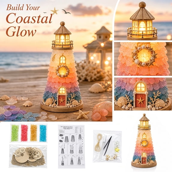 Diy Lighted Sea Glass Lighthouse Kit with Wooden Assembly and Colorful Beads, Multicolor, for Home Decoration, Craft Model