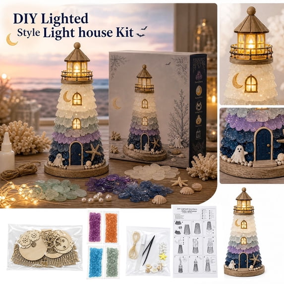 Diy Lighted Sea Glass Style Lighthouse Kit with Wooden Assembly and Colorful Glass Stones, 1 Set, Multicolor, for Halloween Home Display, Decoration