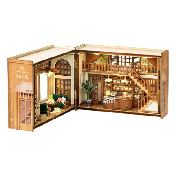 Diy Miniature Dollhouse Kit - Wooden 3D Puzzle House With Bagel Shop Design, Led Lights, Staircase, And Detailed Furniture, For S And Kids, Diy Craft Hobby, Home Decor, Gift