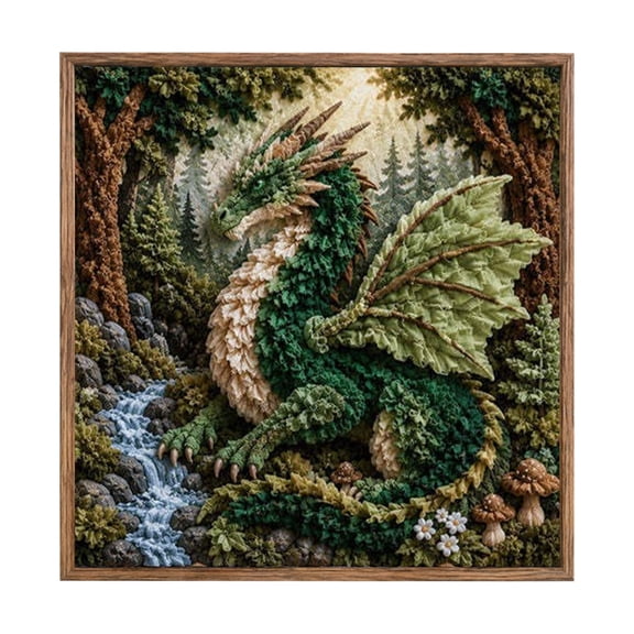 Diy Needlecraft Felt Wall Art 14 X 14 Inch with Solid Wood Frame, Woodland Forest Dragon Fantasy Home Decor, Complete Wool Roving Felt Kit for Adult Crafters, Unique Handmade