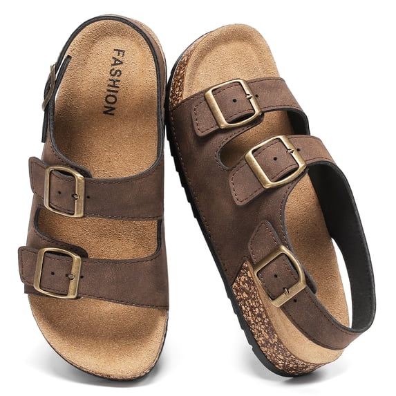Lcamaw Sandals For Women With Soft Cork Footbed, Mens Slip On Clog Mules With Adjustable Double Buckle, Open Toe Flat Slide Shoes, Summer Outdoor Back Strap Slipper