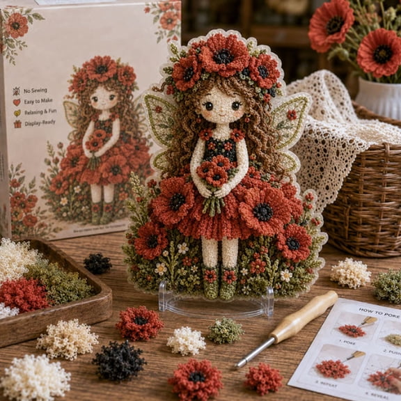 Diy Patchwork Kit, Fairy Fabric Poke Art Kit, Flower Fairy Doll Punch Needle Kit for Adults, DIY Handmade Embroidery Craft Set with Tool, Flocking Materials Instruction Paper, Relaxing Craft Gift