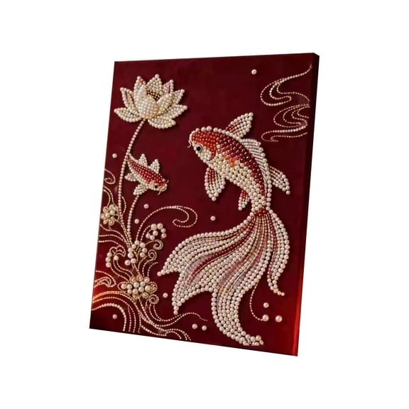 Diy Pearl-Embellished Koi Fish Wall decor, Handmade Cartoon Themed Canvas Wall Art with 1 decorative Canvas Base + 1 Pack of Pearls, Wall Art for Living Room Bedroom Home Spaces
