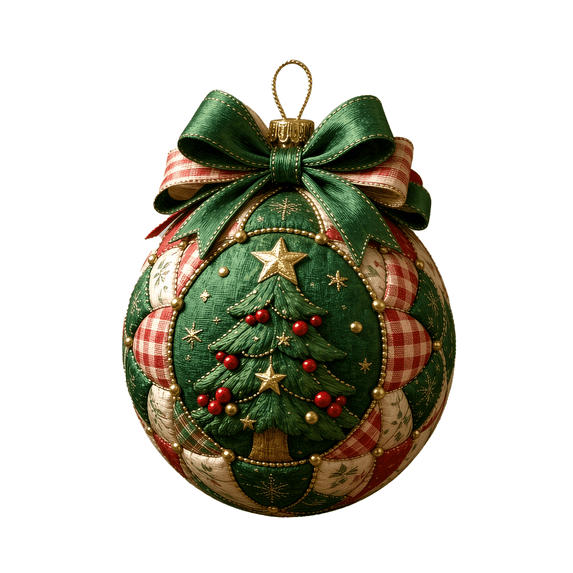 Diy Quilted Christmas Ornament Ball Kit, Patchwork Fabric Ball with Bow, Featuring a Christmas Tree Design, Rustic Holiday Tree Decor.