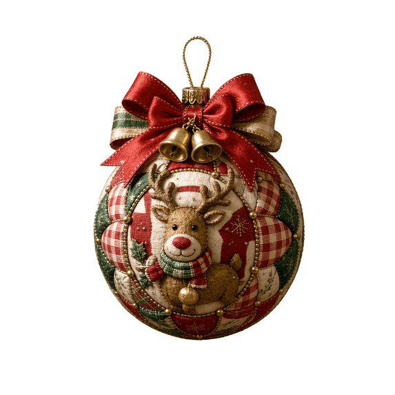 Diy Quilted Christmas Ornament Ball Kit, Patchwork Fabric Ball with Bow, Featuring a Deer Design, Rustic Holiday Tree Decor.