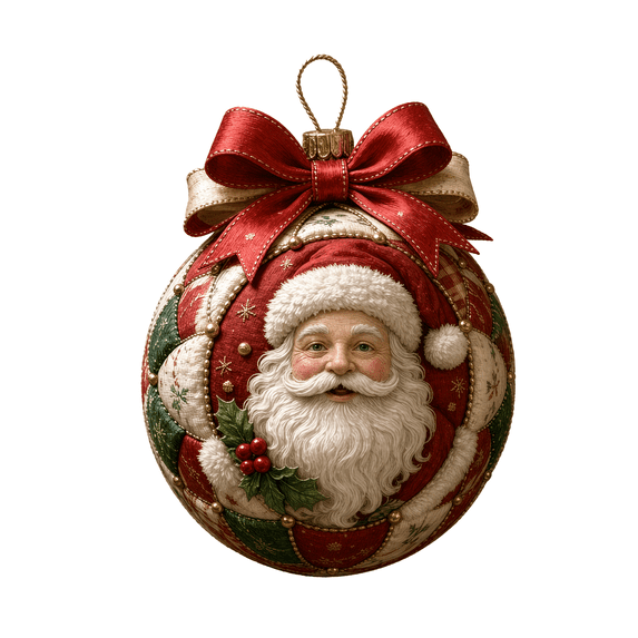 Diy Quilted Christmas Ornament Ball Kit, Patchwork Fabric Ball with Bow, Featuring a Santa Claus Design, Rustic Holiday Tree Decor.