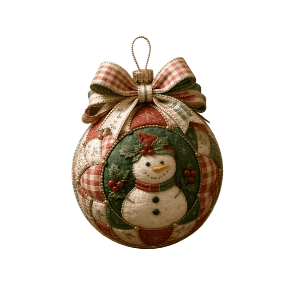 Diy Quilted Christmas Ornament Ball Kit, Patchwork Fabric Ball with Bow, Featuring a Snowman Design, Rustic Holiday Tree Decor.