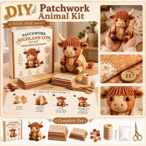 Diy Stuffed Animal Craft Kit, Highland Cow Stuffed Animal, Hand Sewing Kit, Beginner Sewing, Complete 8X8X2 Inch 1Pc Diy Material Package with Pre-Cut Fabric, Fabric Stuffing,