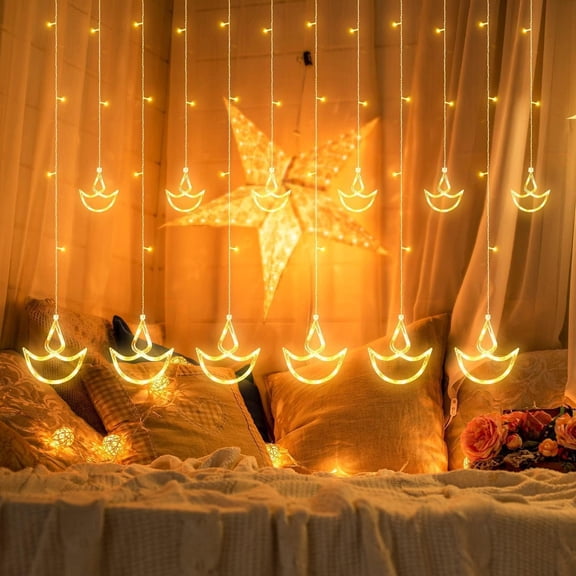 Diya Diwali Curtain String LED Lights for Decoration, Window Lights with 8 Flashing Modes, Home Decoration for Diwali, Wedding, Party, Christmas, Balcony - Warm White (12 Diya)
