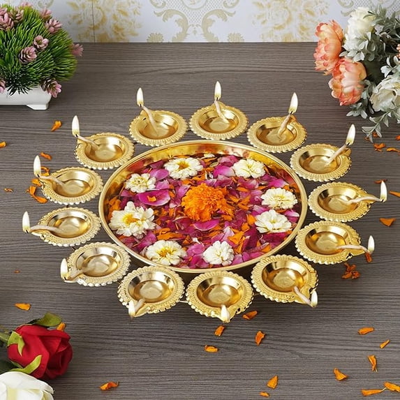 Diya Shape Flower Decorative Urli Bowl for Home Handcrafted Bowl for Floating Flowers and Tea Light Candles,Office and Table Decor| Diwali Decoration Items (14 Inches)