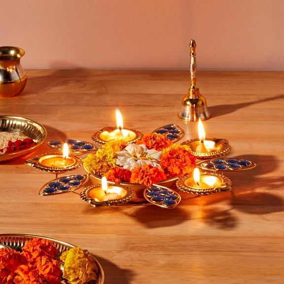 Diya Shape Iron Flower Decorative Urli for Home Handcrafted Golden Blue Stone