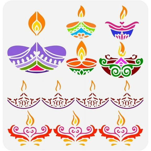 Diya Stencil - 11.8x11.8 inch Large Diwali Festival Painting Stencil Reusable India Light Fire Drawing Template for Home Wall & Floor Decoration diy