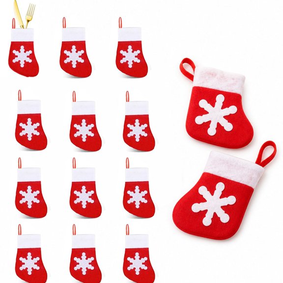 Diyannol 12Pcs Small Fabric Red Snowflake Socks Tableware Holder Christmas Stockings Knife and Fork Bags Covers Hanging Ornaments for Xmas Tree Fireplace Decoration