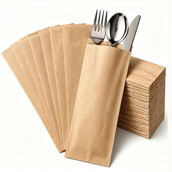 Diyannol 200Pcs Kraft Paper Utensil Sleeves 9.84*3.93 Inch Paper Utensil Sleeves Cutlery Chopsticks Utensils Holder Food Bag Bulk for Kitchen Cutlery Bread Cookies(Brown)