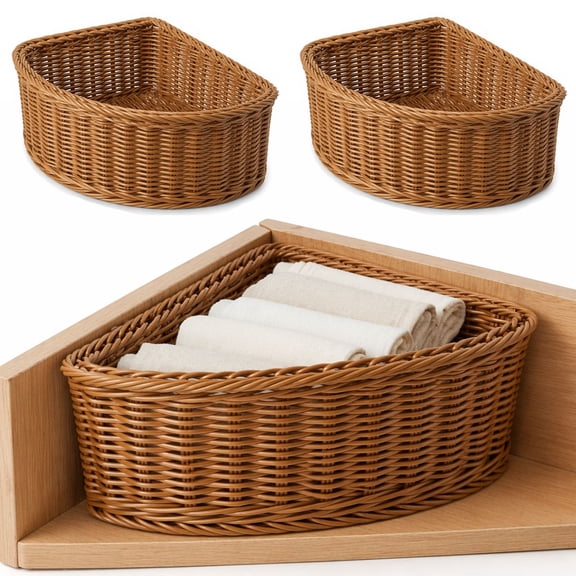 Diyannol Corner Storage Basket Set of 2, Triangle Baskets for Corner Shelf, 10.43 Inch Handwoven Wicker Shelf Organizer Bin for Wardrobe Closet & Bathroom Organization