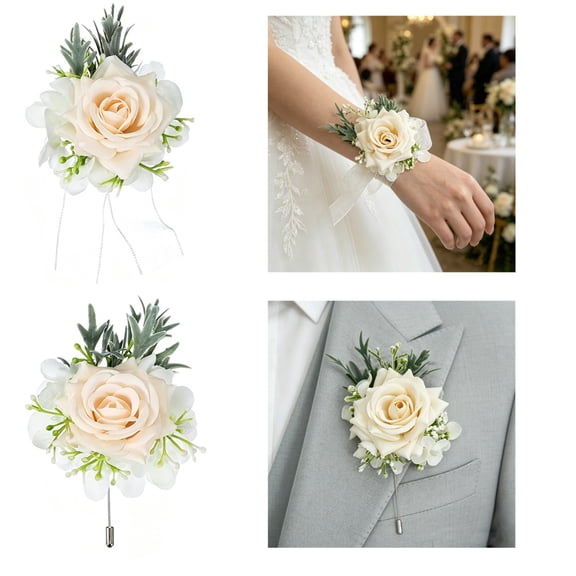Diyannol Rose Wrist Corsage and Boutonniere Set of 2, Rose Corsage Hand and Rose Corsage Hand for Wedding Party Accessories(Champagne )