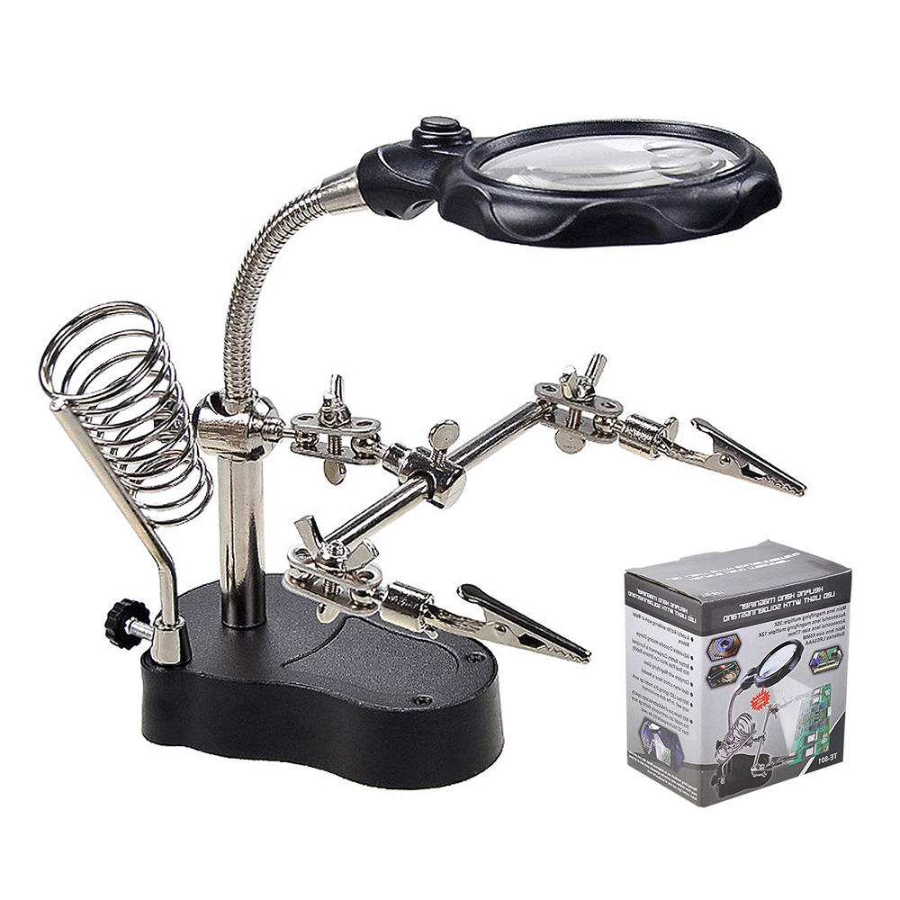 Diymore Desktop LED Lighted Magnifying Glass Soldering Station 3.5X 12X Helping Hands Magnifier