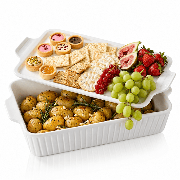 Dizada 13" x 9" 5.2-Qt Ceramic Casserole Dish, with Lid, 2-in-1