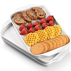 Dizada Large Serving Platter with Handles, 16" x 9" Ceramic Serving Tray, White Rectangular Platters for Entertaining & Serve Food - Set of 3
