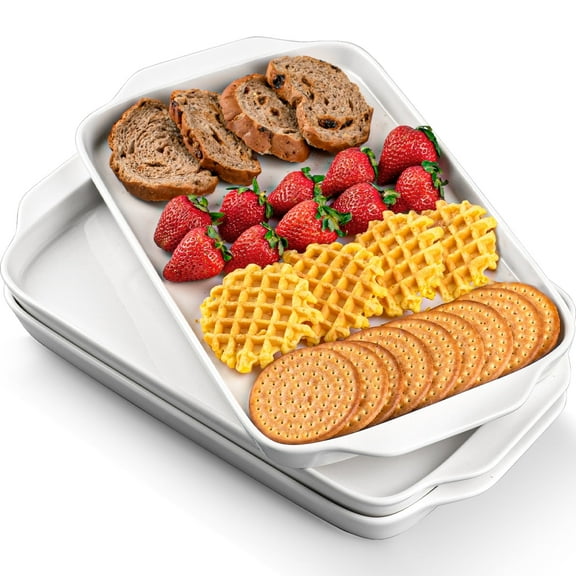 Dizada Large Serving Platter with Handles, 16" x 9" Ceramic Serving Tray, White Rectangular Platters for Entertaining & Serve Food - Set of 3