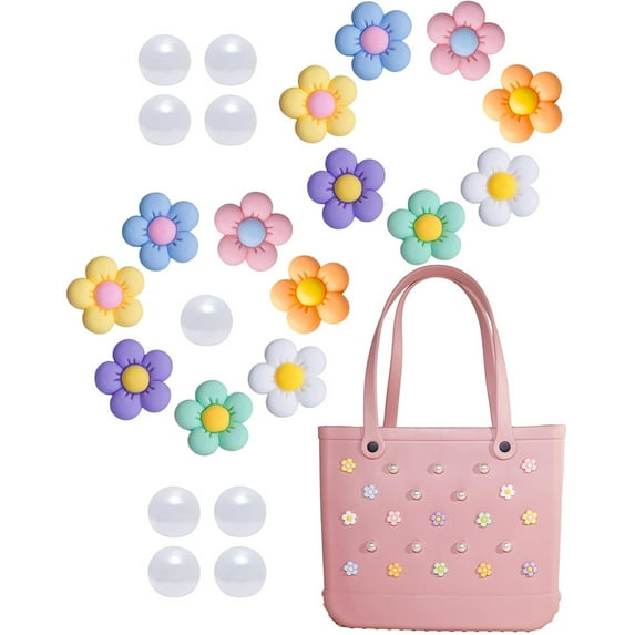 DizeyBoyo 21PCS Charms for Bogg Bag, Pearls and Colorful Flowers for Bogg Bag Accessories Compatible with Women Rubber Beach Bag Tote Handbag Decoration