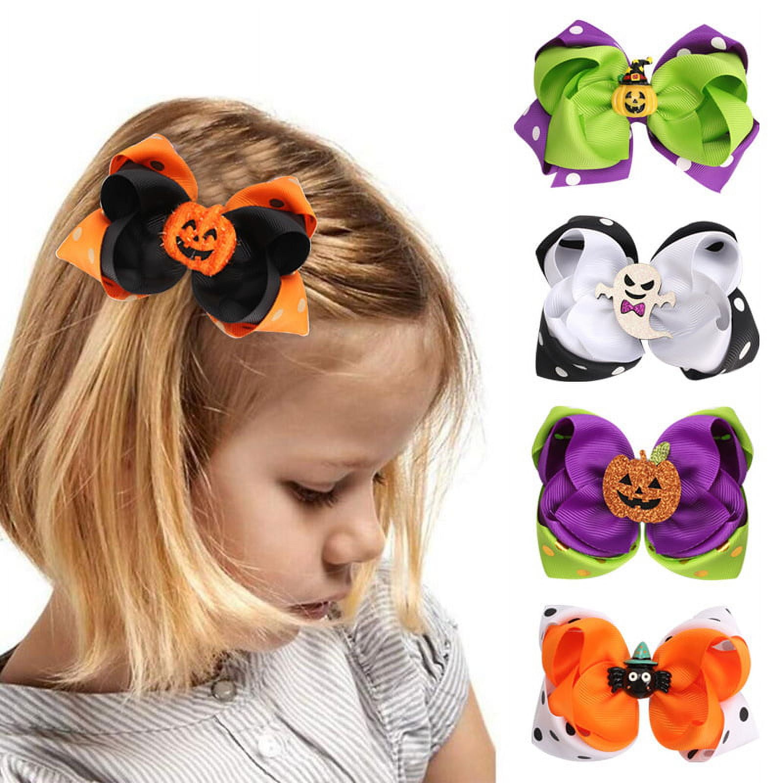 DizeyBoyo 4 PCS Halloween Hair Bows Pumpkin Spider Hair Clips Orange