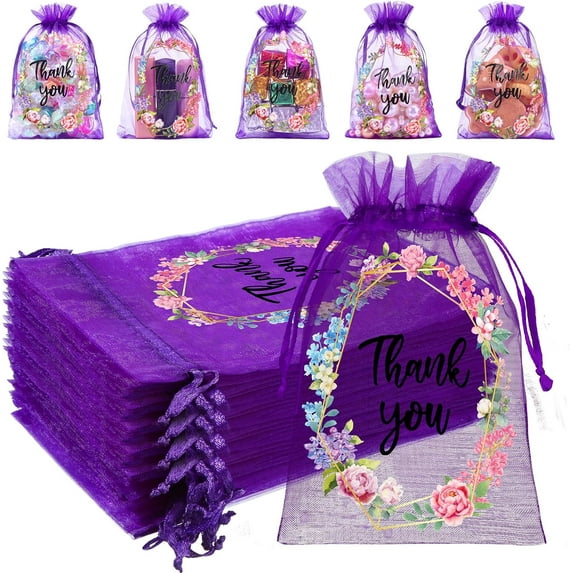 DizeyBoyo 50 Pcs Thank You Gift Bags Wedding Sheer Organza Bags Floral Small Thank You Bags Bulk Mesh Jewelry Candy Gift Bags with Drawstring for Baby Shower Party Favor Bags(4 x 6 Inch)