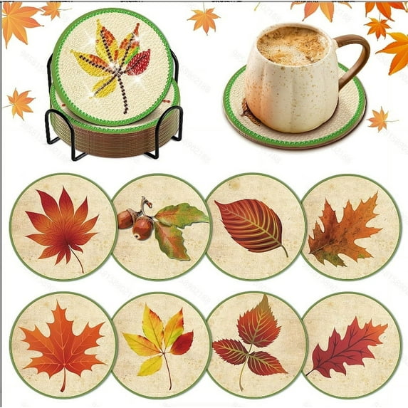 DizeyBoyo 8 Pcs Fall Leaves Diamond Art Coasters Kits with Holder Fall Leaves Diamond Art Coaster with Cork Bases for Adults Diamond Kits Supplies for Fall Present
