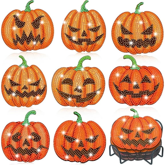 DizeyBoyo 8 Pcs Halloween Diamond Art Coasters Pumpkin Diamond Painting Coasters with Holder Fall Diamond Painting Kit Orange Diamond Coasters Crafts for Adults Kids DIY Thanksgiving Gift