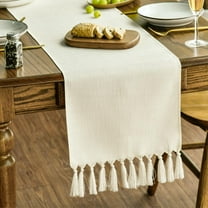 DizeyBoyo Beige Tassel Table Runner, Boho Linen Blend Rustic Farmhouse Style Kitchen Table Decoration Holiday Wedding Party Dinning Decor 13x36 Inch