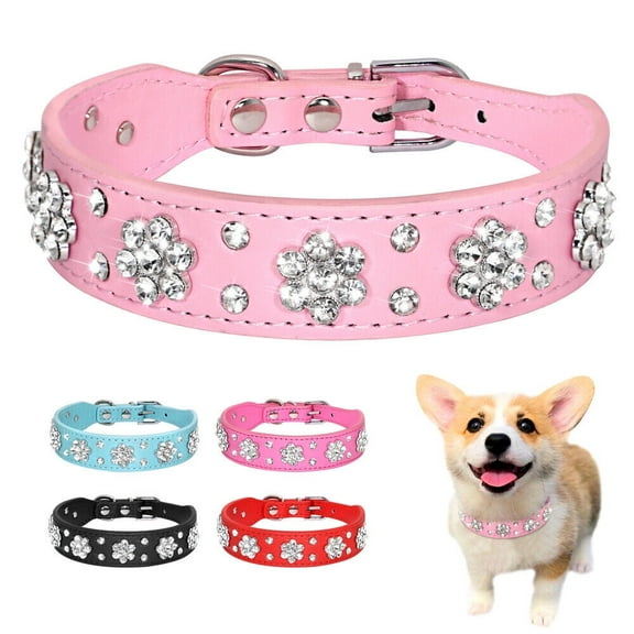 DizeyBoyo-Cute PU Leather Dog Collar - Rhinestone Flower Pattern Studded - 1 Inch Width Fit Small and Medium Dogs