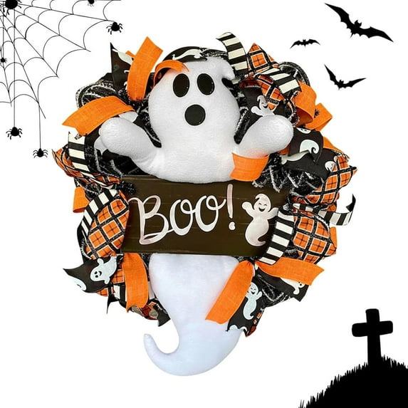 DizeyBoyo Garland Front Door Halloween Decoration Wreath Halloween Decoration Friendly White Ghost Wreath