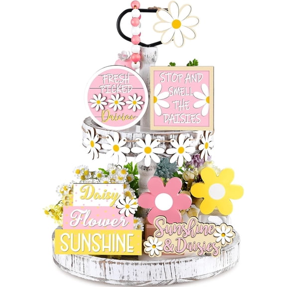 DizeyBoyo Home Decor Tiered Tray Decor Farmhouse Rustic Wood Signs Spring Summer Decorations for Home Kitchen Shelf Coffee Bar Table