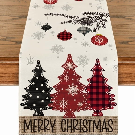 DizeyBoyo Red Pine Trees Merry Christmas Table Runner, Winter Xmas Holiday Kitchen Dining Table Decoration for Home Party Decor 13x36 Inch