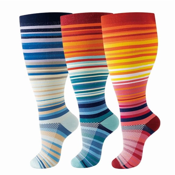 Dizhu Erzi 3 Pairs Plus Size Wide Calf Socks Knee High Support Stockings for Circulation, Swelling & Fatigue for Nurses, Travel, Pregnancy & Daily Use,2XL,H7