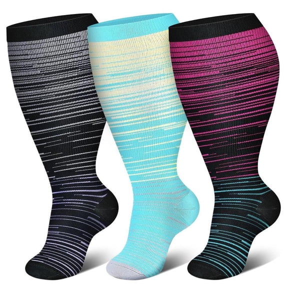 Dizhu Erzi 3 Pairs Plus Size Wide Calf Socks Knee High Support Stockings for Circulation, Swelling & Fatigue for Nurses, Travel, Pregnancy & Daily Use,3XL,H4