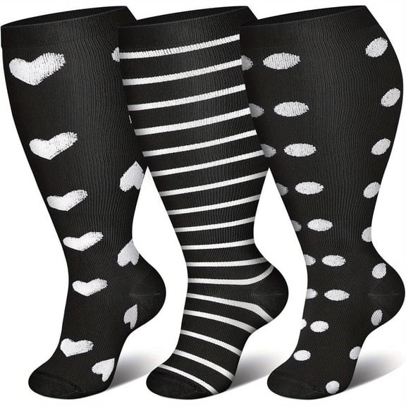 Dizhu Erzi 3 Pairs Plus Size Wide Calf Socks Knee High Support Stockings for Circulation, Swelling & Fatigue for Nurses, Travel, Pregnancy & Daily Use,3XL,T2