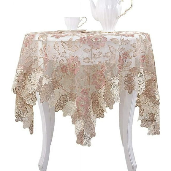 Dizhu Erzi 36x36 Inch Pink Floral Lace Tablecloth, Polyester Sheer Embroidered Table Topper with Lace Trim for Wedding, Party