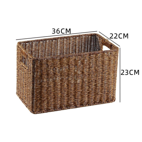 Dizhu Erzi Rectangular Woven Storage Basket, 36x22x23cm Plastic Rattan Organizer Bin with Handles, Lightweight Wicker-Style Basket for Shelves, Home Office,Brown