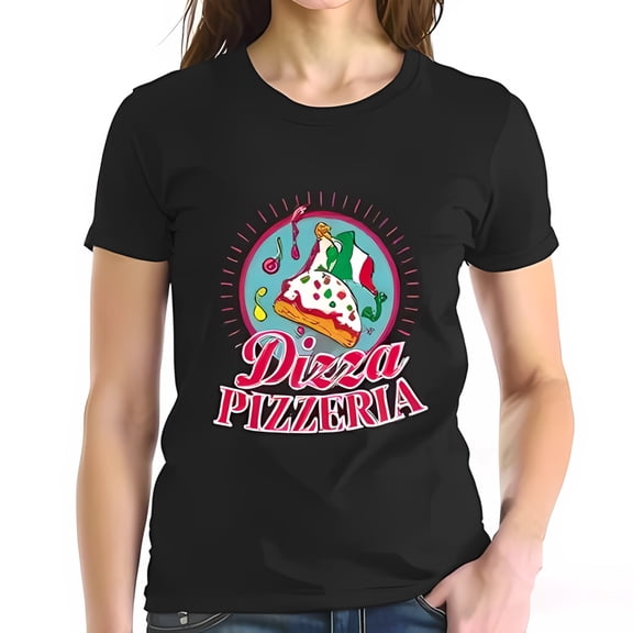 Dizza Pizzeria Cotton Short Sleeve T-Shirt - Colorful Cartoon Pizza Graphic Design with Whimsical Elements