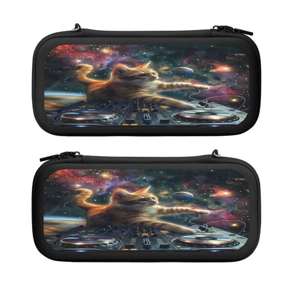 Dj Cat In Space, Carrying Case For Nintendo Switch & OLED Version, Eva Lightweight Shockproof Protective Pouch Case for Game Console & Accessories with 10 Game Card Slot & Wristband, Black