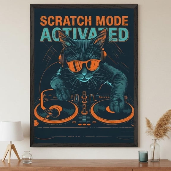 Dj Cat Neon Orange And Teal Wall Art Retro Scratch Mode Activated Poster Funny Music Lover