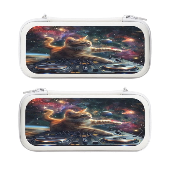 Dj Cat In Space, Carrying Case For Nintendo Switch & OLED Version, Eva Lightweight Shockproof Protective Pouch Case for Game Console & Accessories with 10 Game Card Slot & Wristband, White